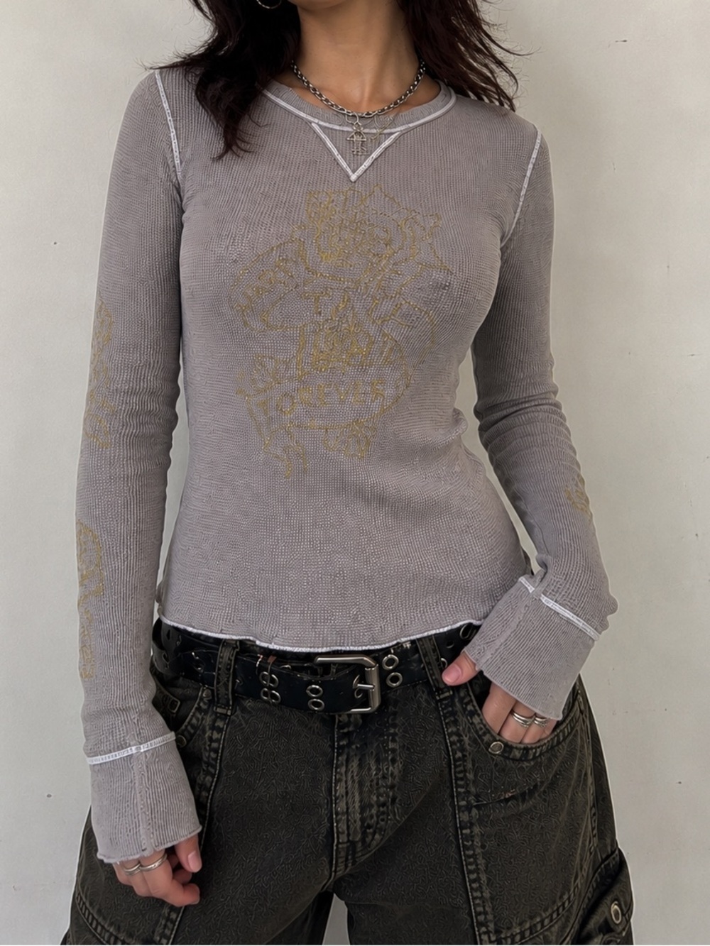 Vintage Y2K Hard Tail Forever Thermal Top Gray Waffle Knit Graphic Long Sleeve L